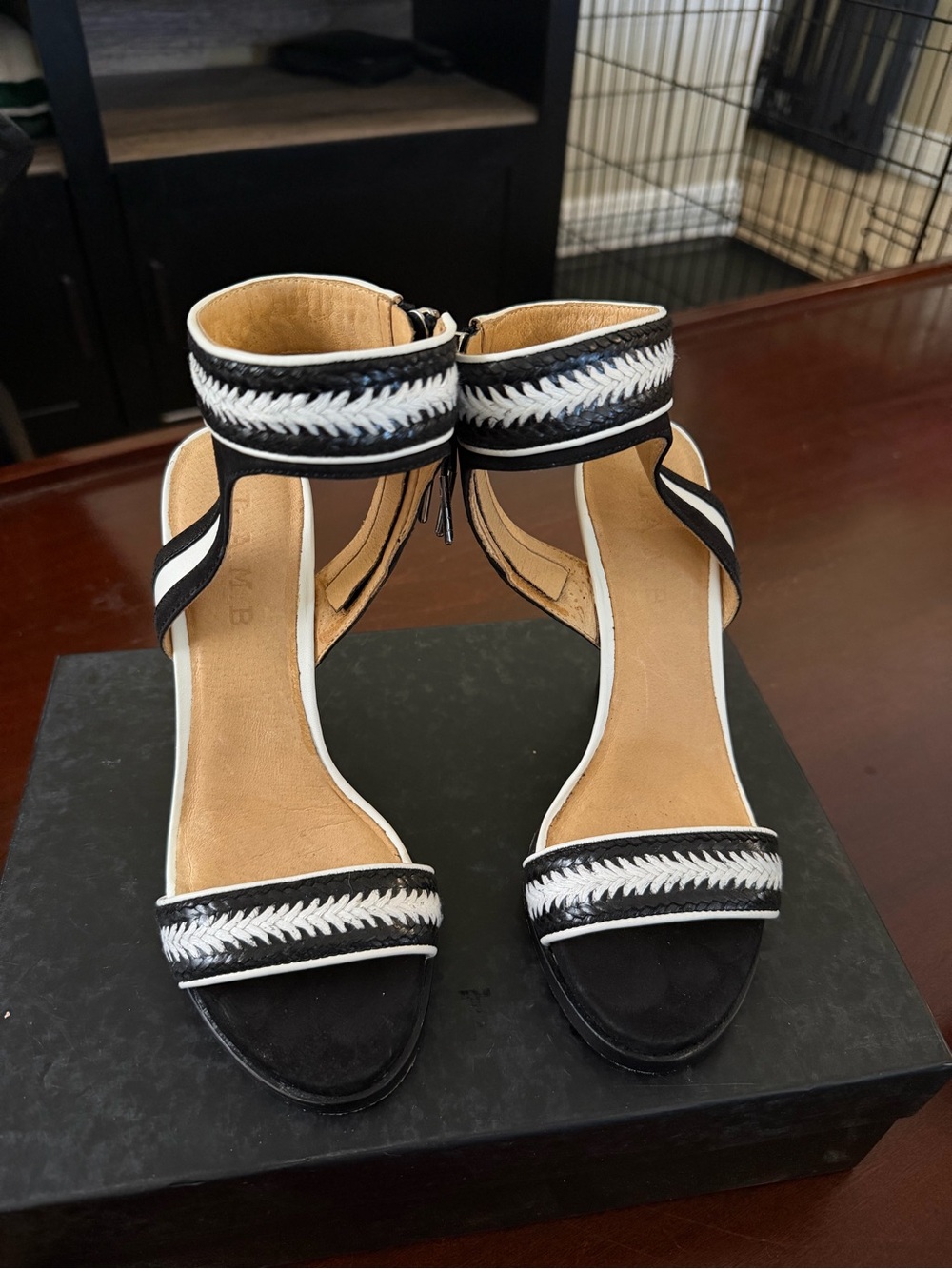 LAMB Black and White Women’s Ankle-Strap Sandals